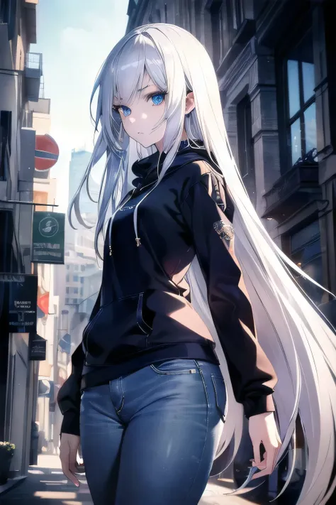 ((masterpiece)), ((best quality)), ((best illustration)), ((ultra-detailed)),((photorealistic color)), 1 lady, solo, teenager, absurdly long hair, white hair, straight hair, ((blue eyes)), ((ultra detailed eyes)), ((ultra detailed face)), gloomy, hoodie, j...