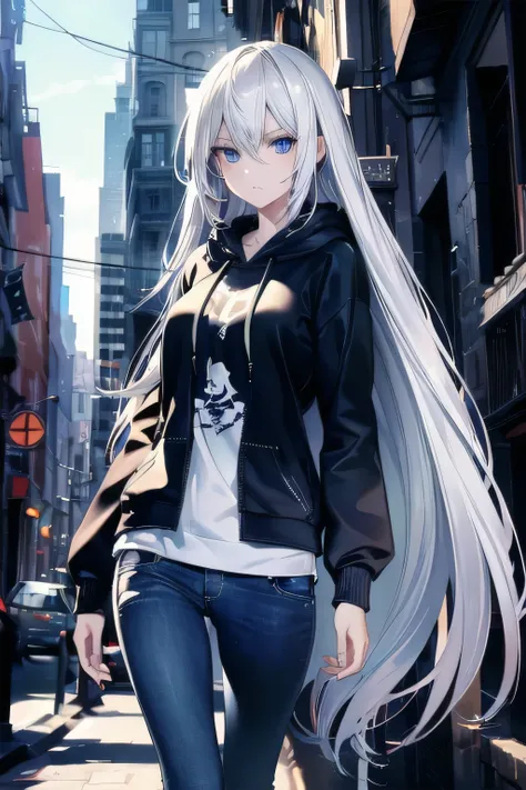 ((masterpiece)), ((best quality)), ((best illustration)), ((ultra-detailed)),((photorealistic color)), 1 lady, solo, teenager, absurdly long hair, white hair, straight hair, ((blue eyes)), ((ultra detailed eyes)), ((ultra detailed face)), gloomy, hoodie, j...