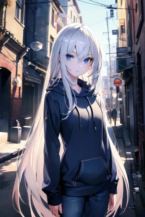 ((masterpiece)), ((best quality)), ((best illustration)), ((ultra-detailed)),((photorealistic color)), 1 lady, solo, teenager, absurdly long hair, white hair, straight hair, ((blue eyes)), ((ultra detailed eyes)), ((ultra detailed face)), gloomy, hoodie, j...