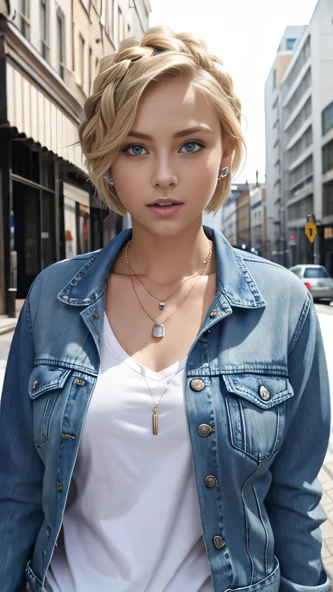 Super Resolution、White woman、short hair、Blonde Hair、Hairstyle braid、Blue eyes、ear piercing、necklace、Denim jacket、shirt、Open your mouth a little、The background is a city street
