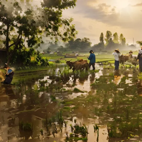 มีคนหลายคนกำลังทำงานในrice paddiesที่มีต้นข้าวไม่กี่ต้น, villagers busy farming, rice paddies, malaysia with a paddy field, farming, Picture taken on 2 0 2 0, Fields and rivers flow., harvest, The day after the rain, A picturesque and fruitful land., Look ...