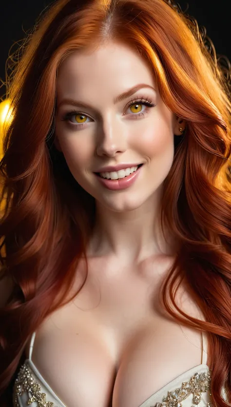 FACE SHOT OF BEAUTIFUL BOMBSHELL RED HAIR WOMAN, LONG RED HAIR, VERY PALE SKIN, YELLOW EYES, EXPRESSIVE YELLOW EYES, LOVELY FACE EXPRESSION, CLOSED MOUTH SMILE, GORGEOUS LIPS, ROSY CHEEKS, HIGH CHEEKBONES, MENTAL FORAMEN, VOLUMOUS BREASTS, STRAPLESS CLEAVA...