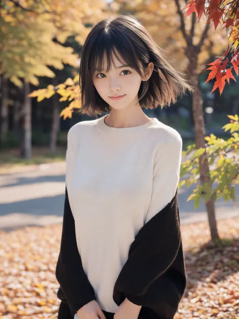 (Face shot of one slender small breasts two side up black medium hair bangs girl in autumn colorful shirt and sweater
:1.5)、(One girl is turn around with small smile and her hair is blowing 
by the wind
:1.5)、(Beautiful red leaves and autmn mountain:1.5)、(...