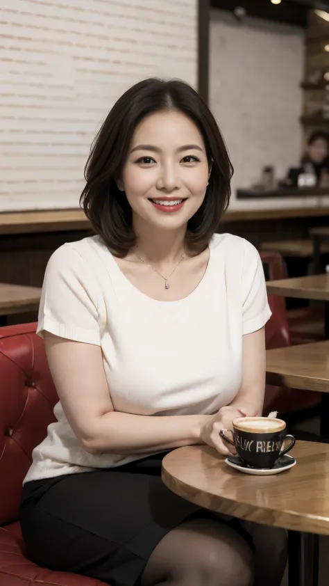 8k wallpaper, masterpiece, Highest quality, Very detailed, One Mature Woman, 50 years old, Become very clear, Wearing a short-sleeved knit, Skin dents, Captivating smile, Looking at the audience, No lapel microphone, Plump, Curvaceous, Attractive face, Smi...