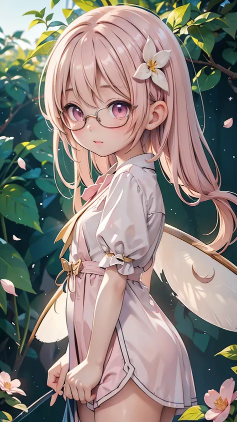 a small fairy with the characteristics of a young Asian woman。she has transparent, delicate wings on her back。Large, dark pink eyes、Light pink medium length hair with a flower petal hair ornament。She wears glasses、balanced figure。The chest is large。her fac...