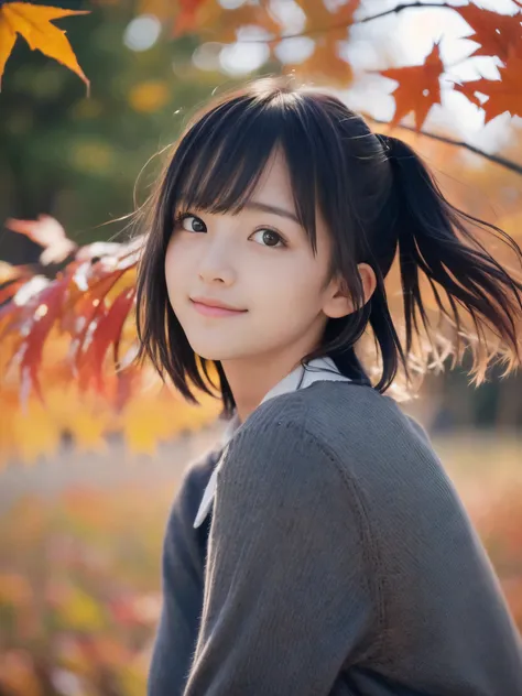 (Face shot of one slender small breasts two side up black medium hair bangs girl in autumn colorful shirt and sweater
:1.5)、(One girl is turn around with small smile and her hair is blowing 
by the wind
:1.5)、(Beautiful red leaves and autmn mountain:1.5)、(...