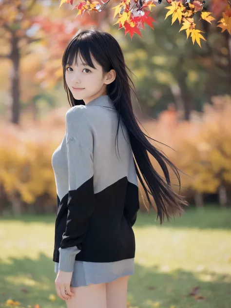 (Face shot of one slender small breasts two side up black medium hair bangs girl in autumn colorful shirt and sweater
:1.5)、(One girl is turn around with small smile and her hair is blowing 
by the wind
:1.5)、(Beautiful red leaves and autmn mountain:1.5)、(...