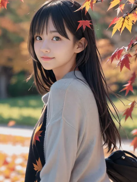 (Face shot of one slender small breasts two side up black medium hair bangs girl in autumn colorful shirt and sweater
:1.5)、(One girl is turn around with small smile and her hair is blowing 
by the wind
:1.5)、(Beautiful red leaves and autmn mountain:1.5)、(...