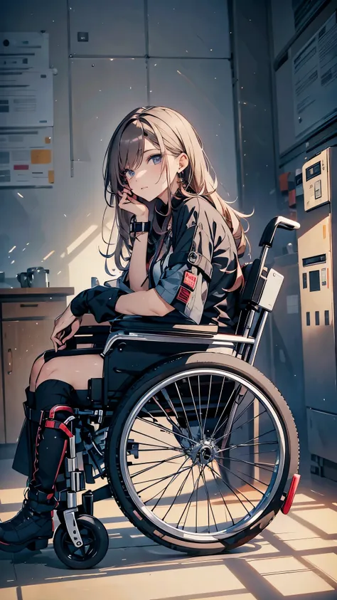 ((from side,look away)),24 years old disabled woman in reclining electric wheelchair,glaring,hair above eyes,middle twintales sl...