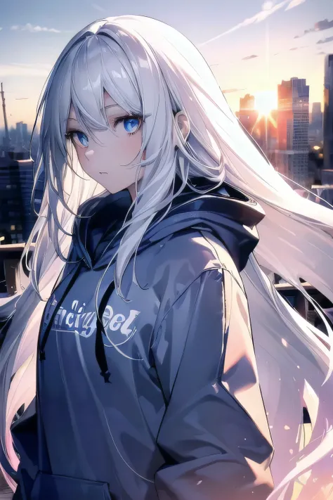 ((masterpiece)), ((best quality)), ((best illustration)), ((ultra-detailed)),((photorealistic color)), 1 lady, solo, teenager, absurdly long hair, white hair, straight hair, ((blue eyes)), ((ultra detailed eyes)), ((ultra detailed face)), gloomy, hoodie, t...