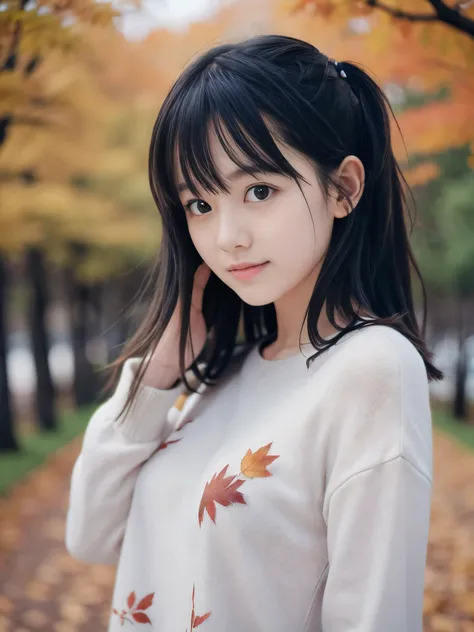 (Face shot of one slender small breasts two side up black medium hair bangs girl in autumn colorful long sleeves shirt and sweater:1.5)、(One girl is turn around with small smile and her hair is blowing by the wind:1.5)、(Beautiful red leaves and autumn moun...