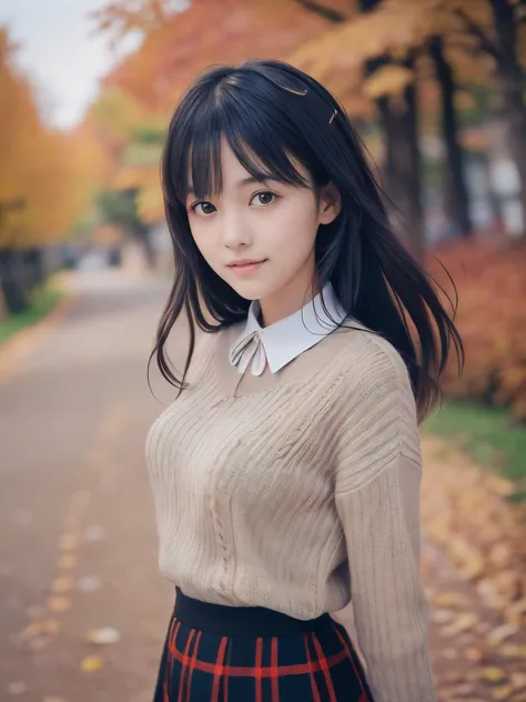 (face shot of one slender small breasts two side up black medium hair bangs girl in autumn colorful long sleeves shirt and sweat...