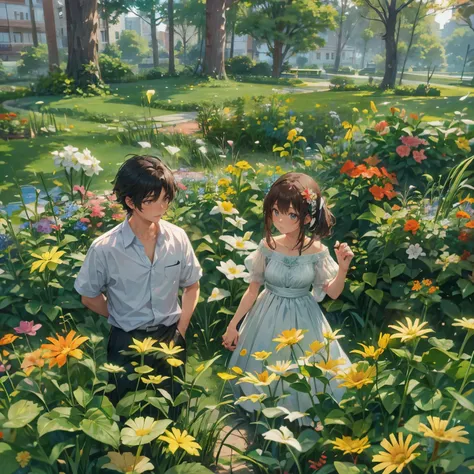 A couples standing , taking pictures, anime style, flowers in background, 