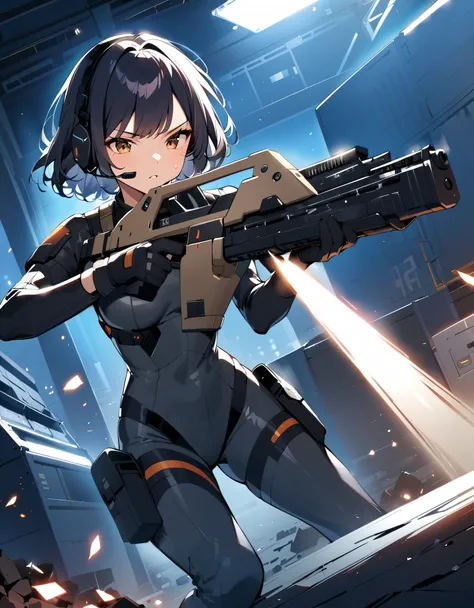 1girl, solo, short hair, black hair, brown eyes, skintight, astronaut, black leatord, tactical gear, gloves, headset, sweat, serious expression, holding gun, m41apls, aiming, trigger discipline, dutch angle, indoors, warehouse, dark, night, debris, backlig...