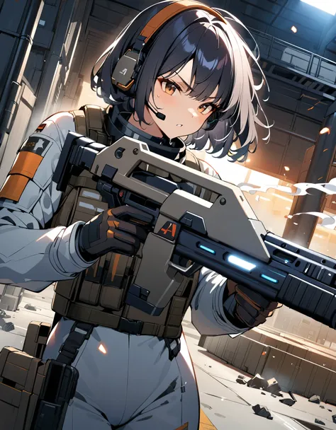 1girl, solo, short hair, black hair, brown eyes, skintight, astronaut, black leatord, tactical gear, gloves, headset, sweat, serious expression, holding gun, m41apls, aiming, trigger discipline, dutch angle, indoors, warehouse, dark, night, debris, backlig...