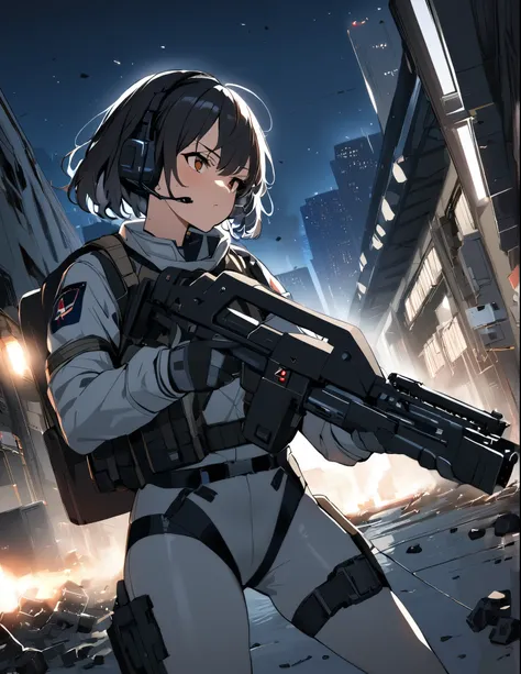 1girl, solo, short hair, black hair, brown eyes, skintight, astronaut, black leatord, tactical gear, gloves, headset, sweat, serious expression, holding gun, m41apls, aiming, trigger discipline, dutch angle, indoors, warehouse, dark, night, debris, backlig...