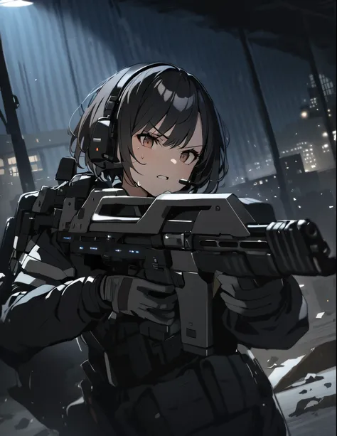 1girl, solo, short hair, black hair, brown eyes, skintight, astronaut, black leatord, tactical gear, gloves, headset, sweat, serious expression, holding gun, m41apls, aiming, trigger discipline, dutch angle, indoors, warehouse, dark, night, debris, backlig...