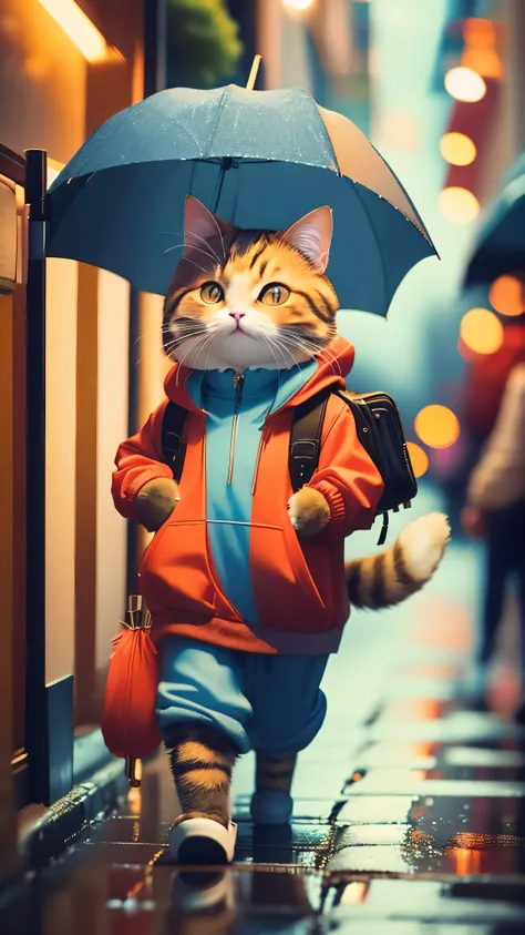 Fluffy brown cat, Very detailed cat and fur, Wearing a blue and red hoodie,Walking around the city with an umbrella in hand, Highly detailed images, Kodak 400, Atmospheric light, 50mm lens