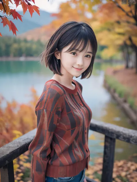 (Close up face shot of one slender small breasts two side up black medium hair bangs girl in autumn colorful long sleeves shirt and sweater1.5)、(One girl is standing on the dart road near the lake with cute smile and fogy condition:1.5)、(Beautiful red leav...