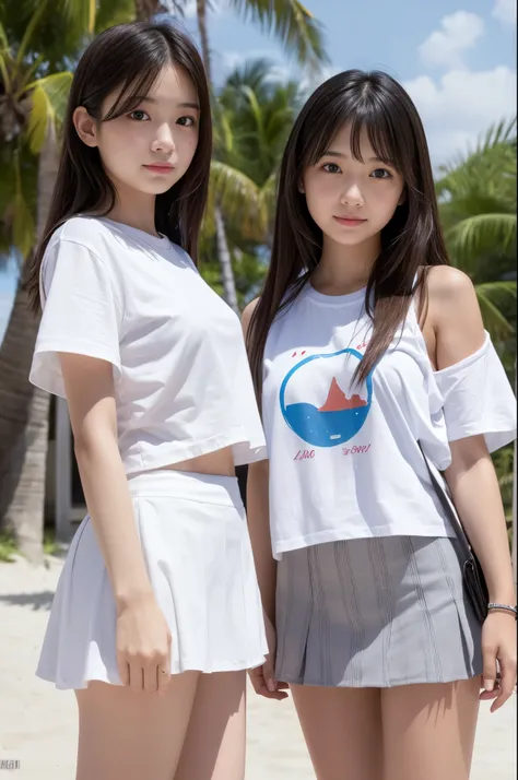 Two girls (20 years old, Japanese cute face) are wearing white Tshirts, mini skirt at the beach bar