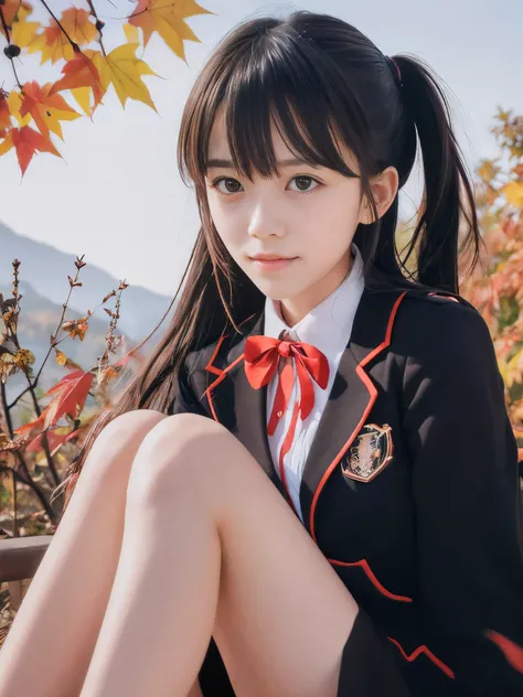 (Close up face shot of one slender small breasts two side up black medium hair bangs girl with crying little smile face in a black blazer uniform with a red trimmed collar and black skirt:1.5)、(One girl is turn around  and wearing a uniform with a black bl...