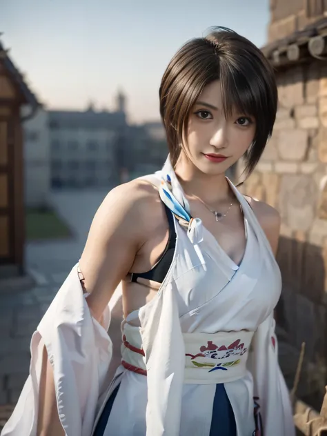 20 year old Japanese beauty,One person、Muscular body like a bodybuilder、Emphasize the breasts、Slit eyes、A head-to-toe view,Bust is very very large、The background is a medieval European kitchen、High quality photos、Clear, crisp images of the lower body、Maste...