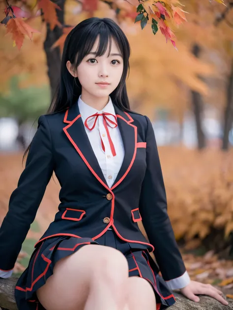 (Close up face shot of one slender small breasts two side up black medium hair with bangs girl in a black blazer uniform with a red trimmed collar and black skirt:1.5)、(One girl is turn around  with small smile and wearing a uniform with a black blazer and...