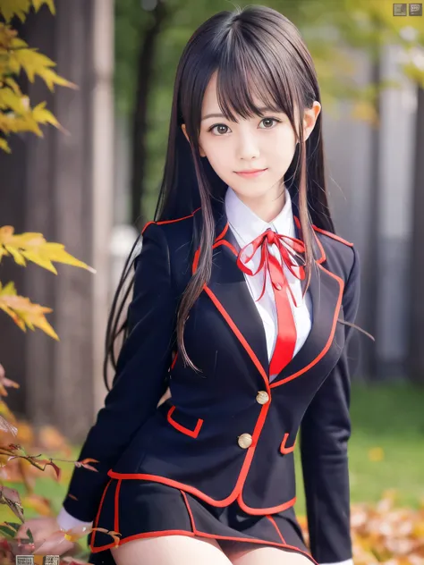 (Close up face shot of one slender small breasts dark silver long hair with bangs girl in a black blazer uniform with a red trimmed collar and black skirt:1.5)、(One girl is turn around with small smile and wearing a black blazer and a skirt with a red edg...