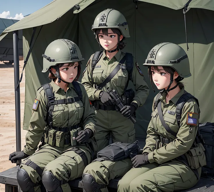 A group of female soldiers wearing gray M-51 uniforms、Put on a helmet、Gloves、Magazine Pouch、Tactical harness、Resting in the military camp、Write details、masterpiece、best quality、Highly detailed CG、8K picture quality