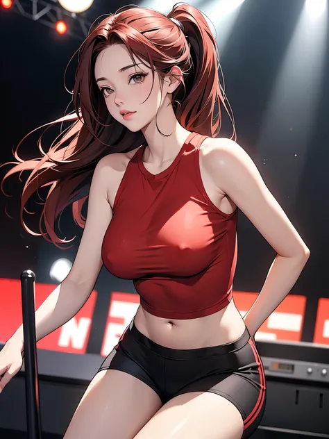 A fit young woman in her 20s. wearing a red sports top and black cycling shorts. She has shoulder-length straight red hair. no background. on the stage. 카메라를 바라본다
huge boobs.