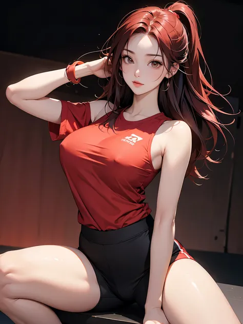 A fit young woman in her 20s. wearing a red sports top and black cycling shorts. She has shoulder-length straight red hair. no background. on the stage. 카메라를 바라본다
huge boobs.