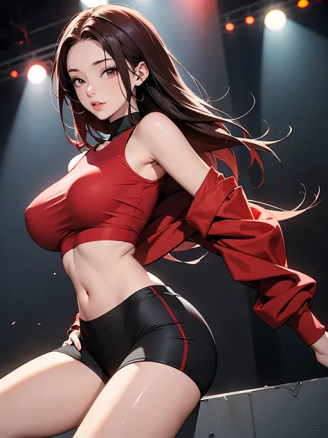 A fit young woman in her 20s. wearing a red sports top and black cycling shorts. She has shoulder-length straight red hair. no background. on the stage. 카메라를 바라본다
huge boobs.