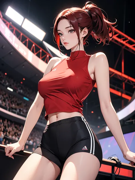 A fit young woman in her 20s. wearing a red sports top and black cycling shorts. She has shoulder-length straight red hair. no background. on the stage. 카메라를 바라본다
huge boobs.