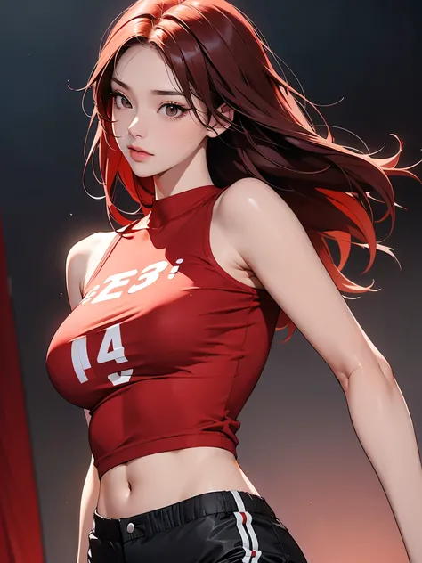 A fit young woman in her 20s. wearing a red sports top and black cycling shorts. She has shoulder-length straight red hair. no background. on the stage. 카메라를 바라본다
huge boobs. she is walking 