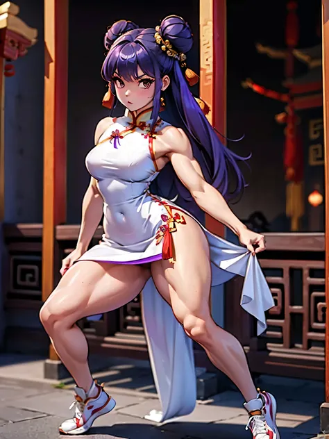 shampoo, head buns, sexy, fitness, ,thick thighs, tonned body, thin waist, large hips, small breasts, purple hair, (traditional chinese white dress:1.5), shredded abs, thick calves, full body, perfect body, beautiful, sexy, teasing,  long legs, sneakers, m...