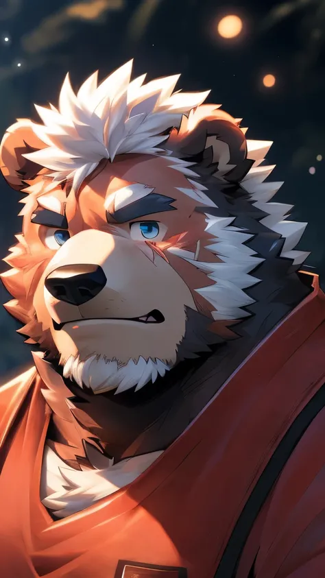 human nature, wild animals, male, 36 years old，uncle，solitary, ((Round Face, The face is plump, Blue Eyes, Thick white hair，Scars)), ((Endomorph, Handsome，Hot Blood)), （Mecha suit，no electricity，exhausted), ((domestic white bear, Bear Orc) Fluffy fur, Fluf...