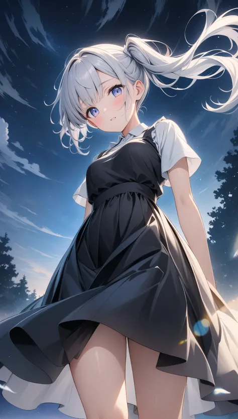 ((style:Colored pencil,pale colour)),(anime)、(masterpiece:1.2),Atmospheric perspective,Lens flare、cute、Hair blowing in the wind、((A simple black dress))、Starry night sky、Moonlight pours down from above、Very mysterious、Light effects、、Gray and white gradient...