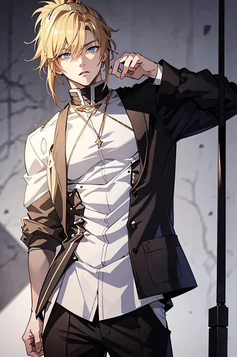 Anime attractive man, 20 year old, blonde hair, very very short ponytail, tall, muscular, black vampire hunter outfit, black clothes, no white, solo, one person, knight