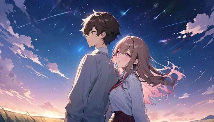 good looking, 2 high school students, Date,1 male, 1 female,Dark brown hair, Pink highlights on the tip, Pale pink eyes,A vast night sky with twinkling stars,A vast grassland,