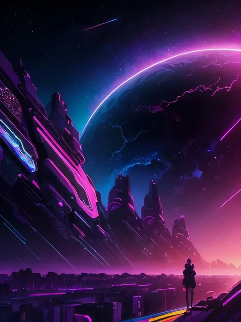 a dark background with a purple and yellow sunset and mountains, jen bartel, cosmic ambient, dark neon colored universe, synthwave art style ]!!, synthwave art, violet planet, fantasy and dreams vibes, ✏️🎨, futuristic art style, 🚀🚀🚀, style hybrid mix of be...