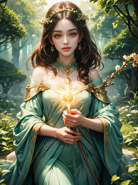 "Create an ultra-realistic image of a beautiful  holding a magical staff that radiates the essence of nature. She should be dressed in a refined, dark green shaded outfit that reflects her deep connection to the natural world. Surround her with elements of...