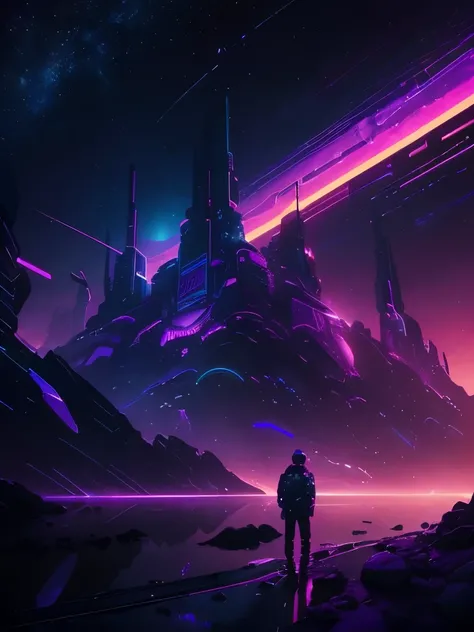 a dark background with a purple and yellow sunset and mountains, cyberpunk art by Beeple, tumblr, space art, jen bartel, cosmic ambient, dark neon colored universe, synthwave art style ]!!, synthwave art, violet planet, fantasy and dreams vibes, ✏️🎨, futur...