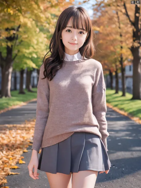 (Close up face shot of one slender small breasts red brown wavy long hair with dull bangs girl in a autumn fashion shirt and sweater:1.5)、(One girl is turn around with small smile on the road:1.5)、(Beautiful autumn leaves and mountain:1.5)、(8k ultra detail...