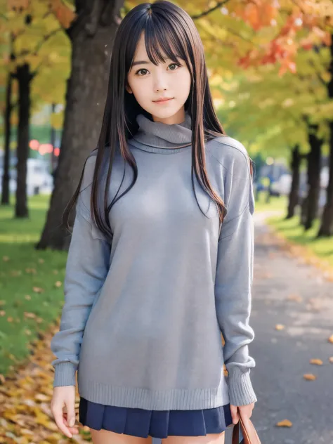 (Close up face shot of one slender small breasts dark silver long hair with bangs girl in a autumn fashion shirt and sweater:1.5)、(One girl is turn around with small smile on the road:1.5)、(Beautiful autumn leaves and mountain:1.5)、(8k ultra detailed mast...
