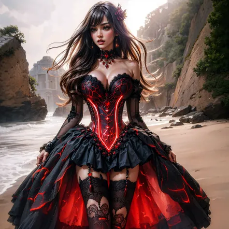 (Extreme HDR) (brightness FX) Photo of an asian woman gigantic Breast white skin with long hair flowing in the wind, wearing a black batik patterned costume, a V-cut strapless corset style batik dress made of carbon patterned satin, a very narrow and stiff...