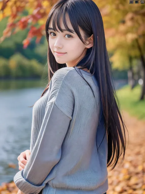 (Close up face shot of one slender small breasts dark silver long hair with bangs girl in a autumn fashion shirt and sweater:1.5)、(One girl is turn around  with small smile on the dart road near the beautiful lake:1.5)、(Beautiful autumn leaves and mountain...