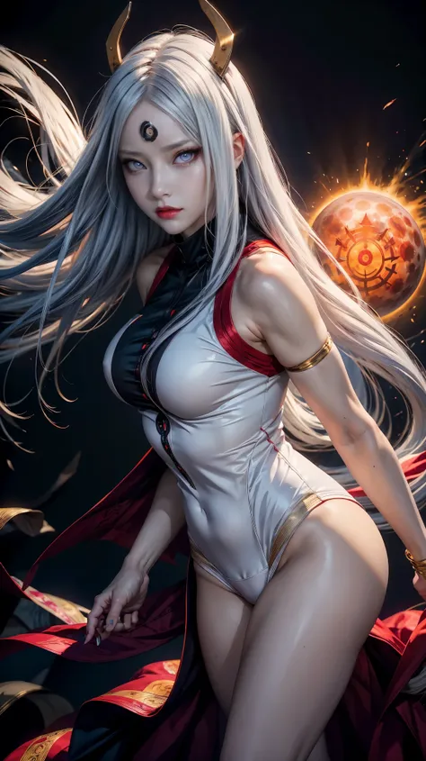 from above, high view shot, in the heart of Naruto shippuden world, a young sexy Kaguya Ōtsutsuki with a large and white style haircut, luminicent long hair, white skin, sexy and tight Ōtsutsuki clothes, white, red, gold and purple, magic chakra, serious. ...