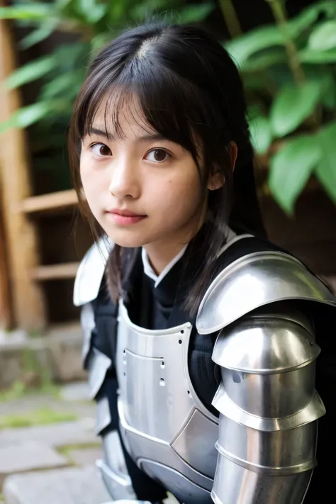 A beautiful Japanese girl wearing armor。The background is a traditional Japanese townhouse。