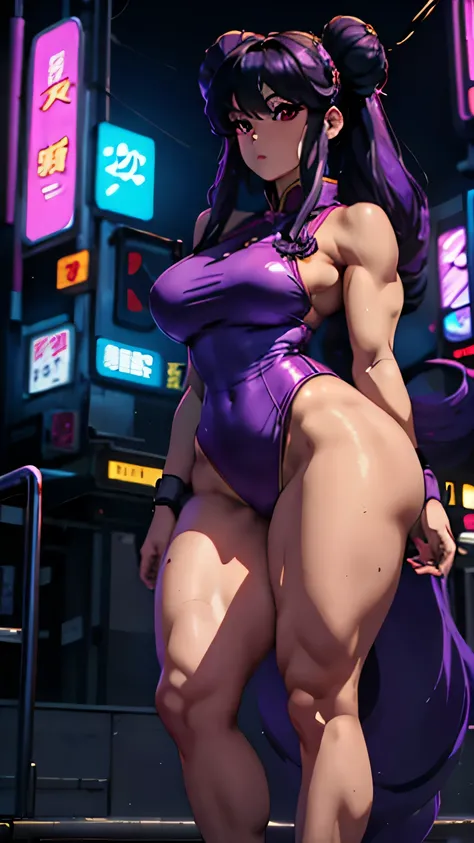 shampoo, Ranma 1/2, , bun head、Purple wide fur, double tail、Chinese traditional dress. blank background. Fitness, muscular, shredded abs, thick thighs, thick calves, sexy legs, thicc thighs, large hips, thin waist, small breasts, high heels, full body, thi...