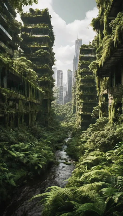 A stunning cinematic shot of an ultra-realistic, ultra-high-quality, ultra-high-resolution, ultra-high-definition Octane rendering in a lush, green jungle. The scene is filled with towering trees and high bushes,  an abandoned city,a lost skyscraper that i...